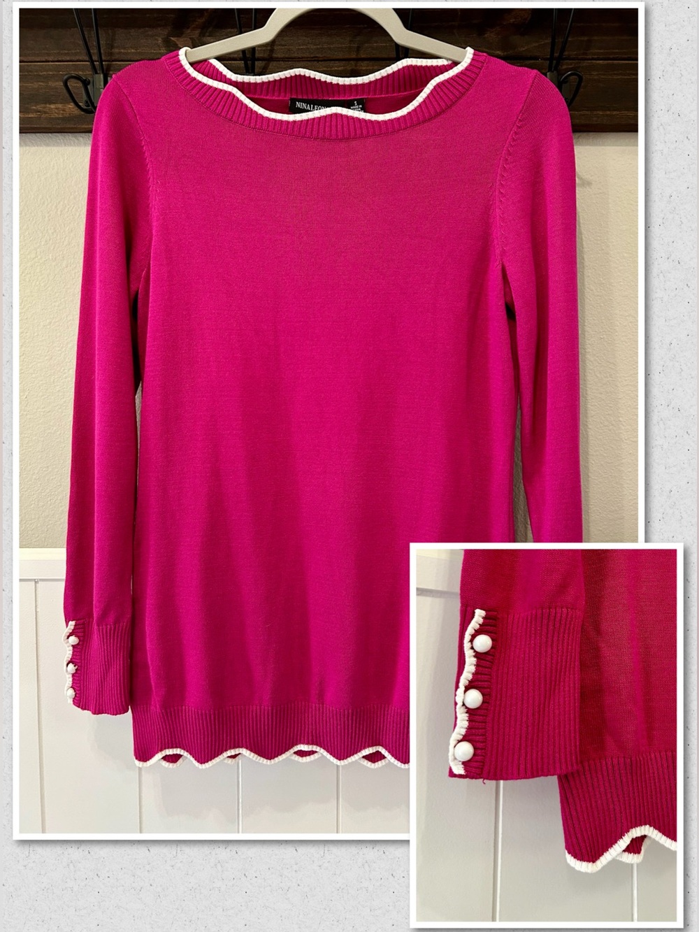 New Nina Leonard Scallop Neckline Sweater Magenta Pink White Trim Pearl Buttons